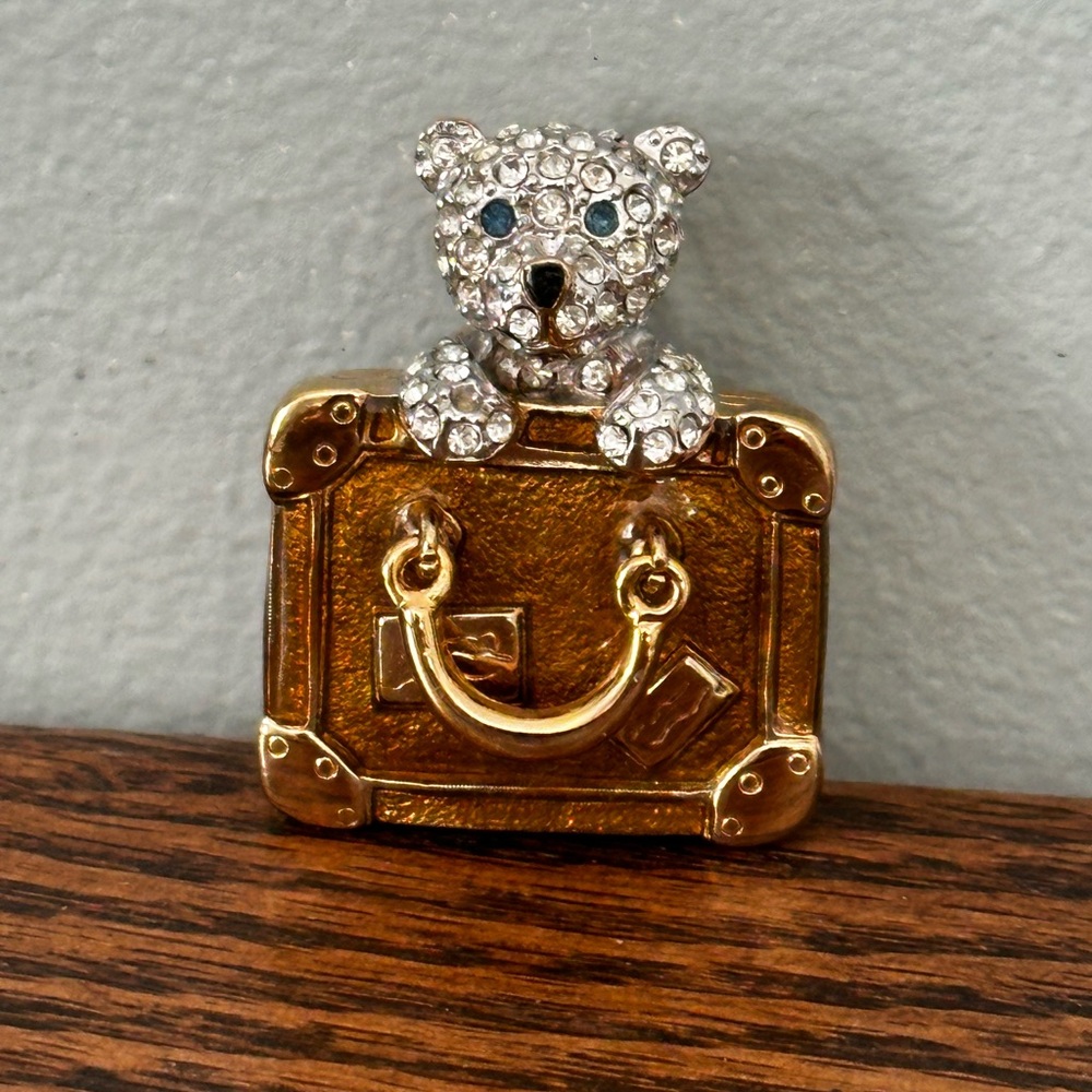 Vintage Carolee Gold Tone Teddy Bear Suitcase Rhinestone Brooch